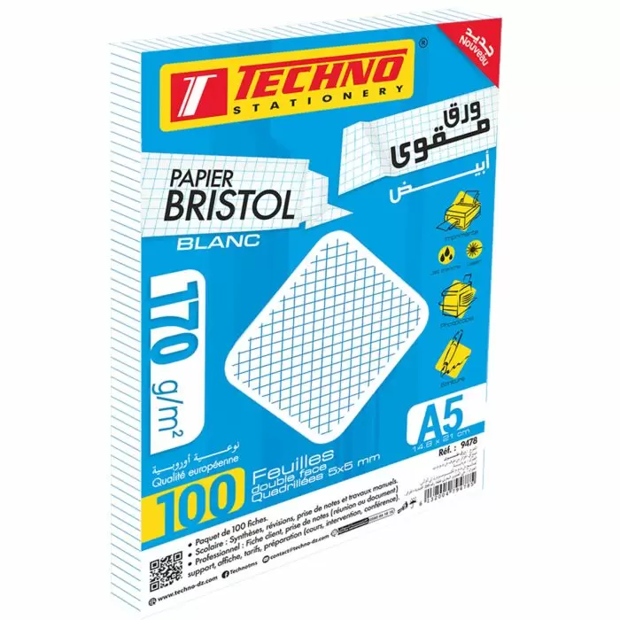 FICHE BRISTOL TECHNO BLANC A5 QUADRILLEES