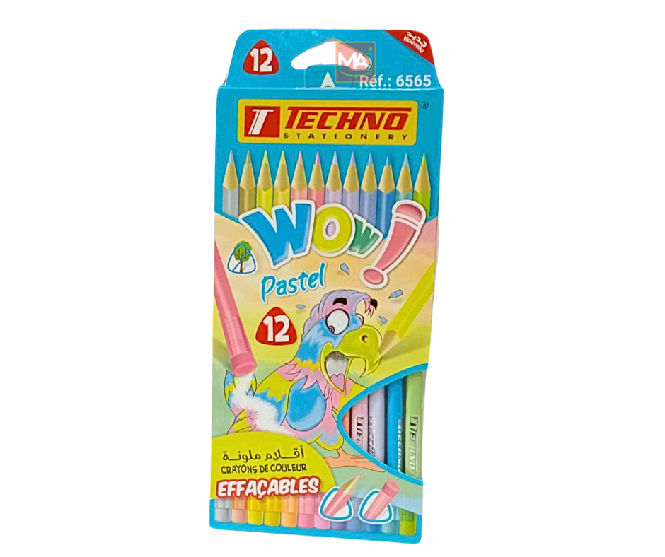 CRAYONS COULEURS TECHNO WOW PASTEL EFFACABLES DE 12PCS