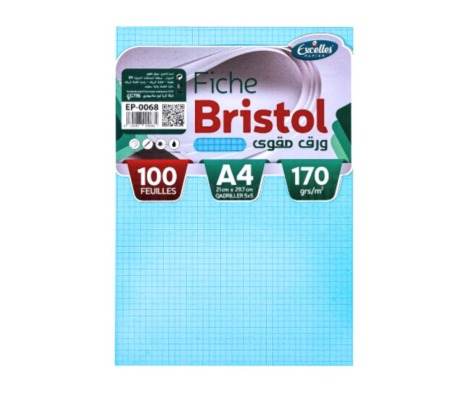 FICHE BRISTOL A4 QUADRILLEES BLEU EXCELLES 100F 170G