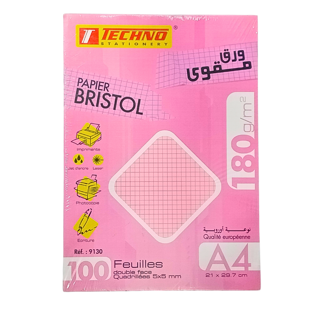 FICHE BRISTOL QUADRILLÉES A4 ROSE TECHNO 100F 180G 9130