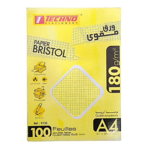 [TE9133] FICHE BRISTOL QUADRILLÉES A4 JAUNE TECHNO 100F 180G 9133