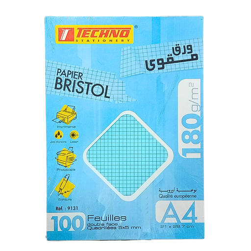 [TE9131] FICHE BRISTOL TECHNO A4 QUADRILLEES BLEU 100F 180GR 9131