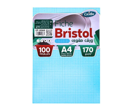 [EP0068] FICHE BRISTOL A4 QUADRILLEES BLEU EXCELLES 100F 170G