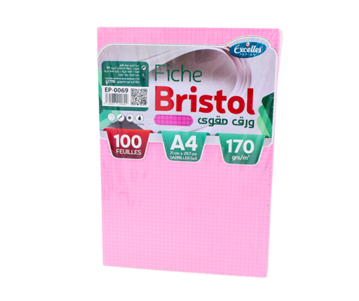 [EP0069] FICHE BRISTOL A4 QUADRILLEES ROSE EXCELLES 100F 170G