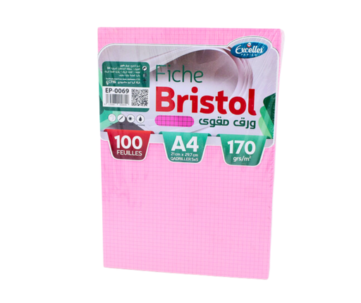 [EP0069] FICHE BRISTOL EXCELLE A4 QUADRILLEES ROSE 100F 170G