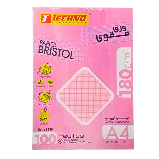 [TE9130] FICHE BRISTOL A4 QUADRILLEES ROSE 100F 180G TECHNO 9130