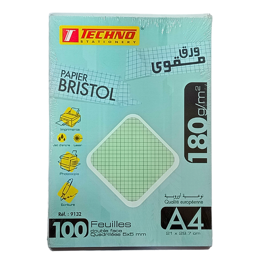[TE9132] FICHE BRISTOL A4 QUADRILLEES VERT 100F 180G TECHNO9132