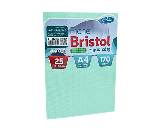 [EP0285] FICHE BRISTOL A4 QUADRILLEES VERT 25F 170G EXCELLES